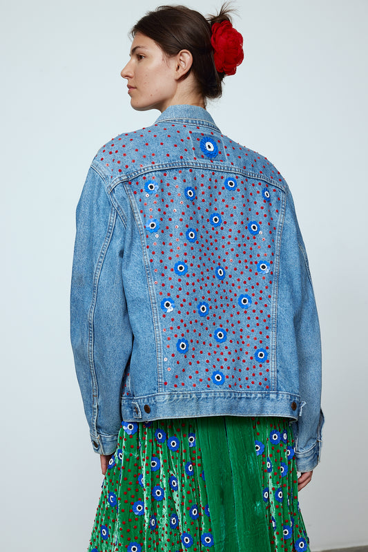 Upcycled Denim Jacket exquisitely hand-embroidered by skilled artisans in our flower daisy pattern using beadings and sequins.