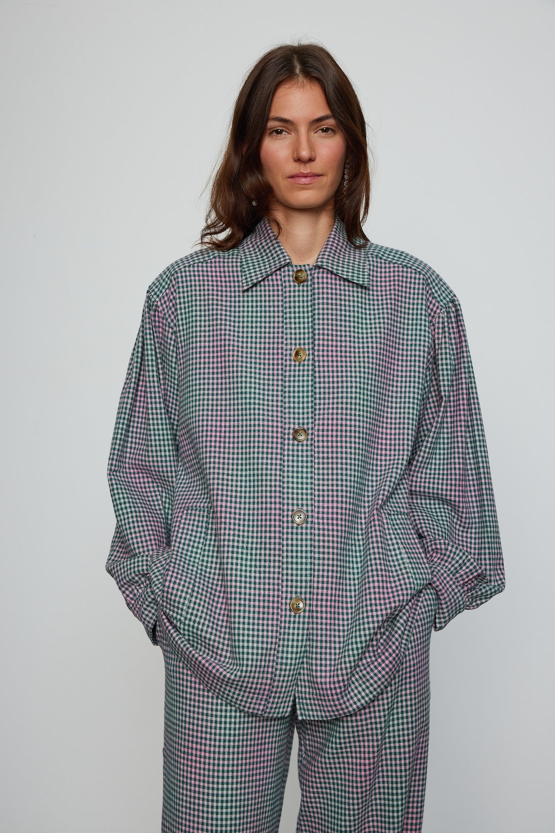 Caro Editions Hannah shirt in soft cotton flannel. The shirt features an oversized fit, big sleeves, and buttons at the front.  Style it with matching Hannah pants or jeans, or wear it open over a t-shirt or tank top.