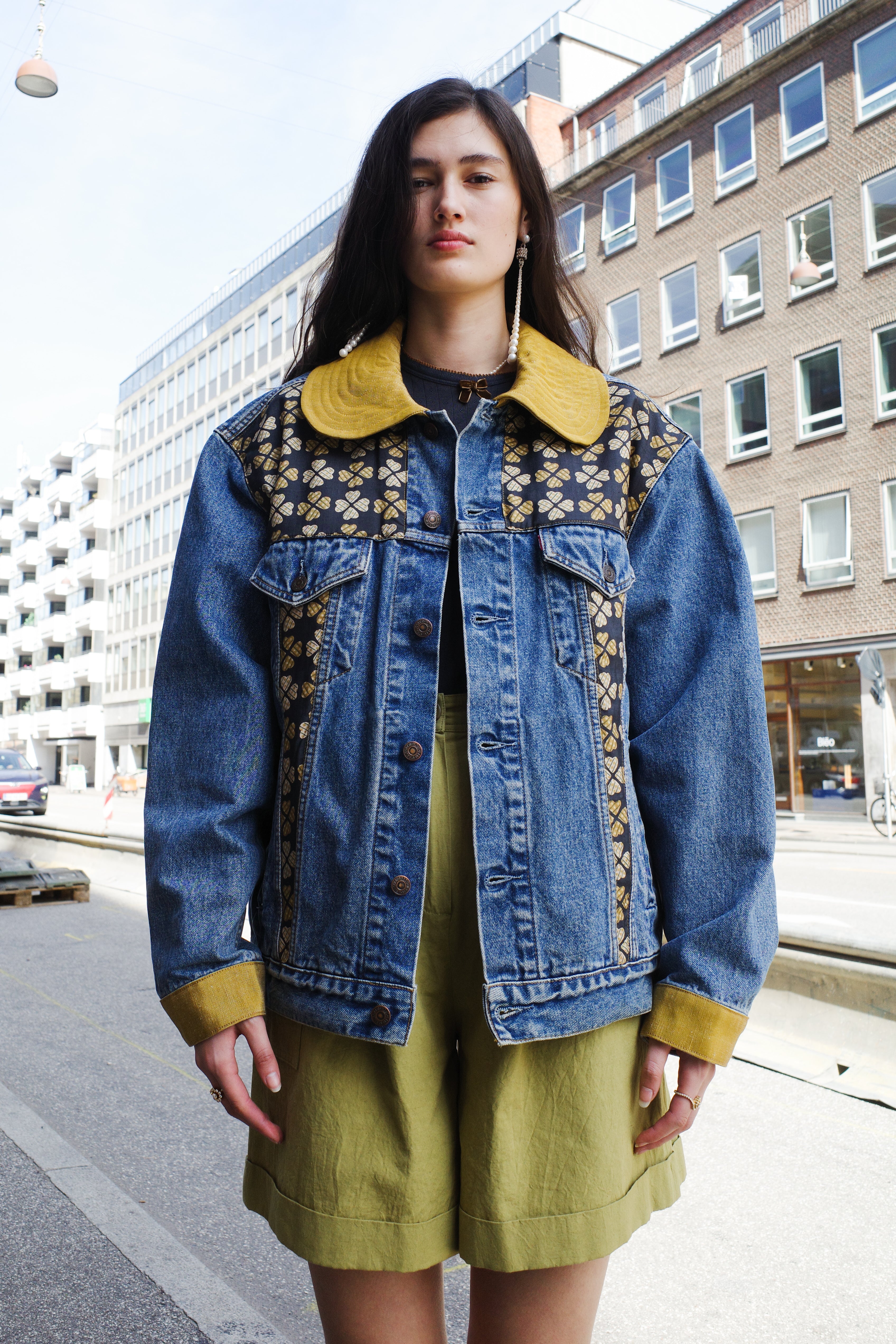 Upcycled Denim Jacket with deadstock Vintage Yves Saint Laurent fabric