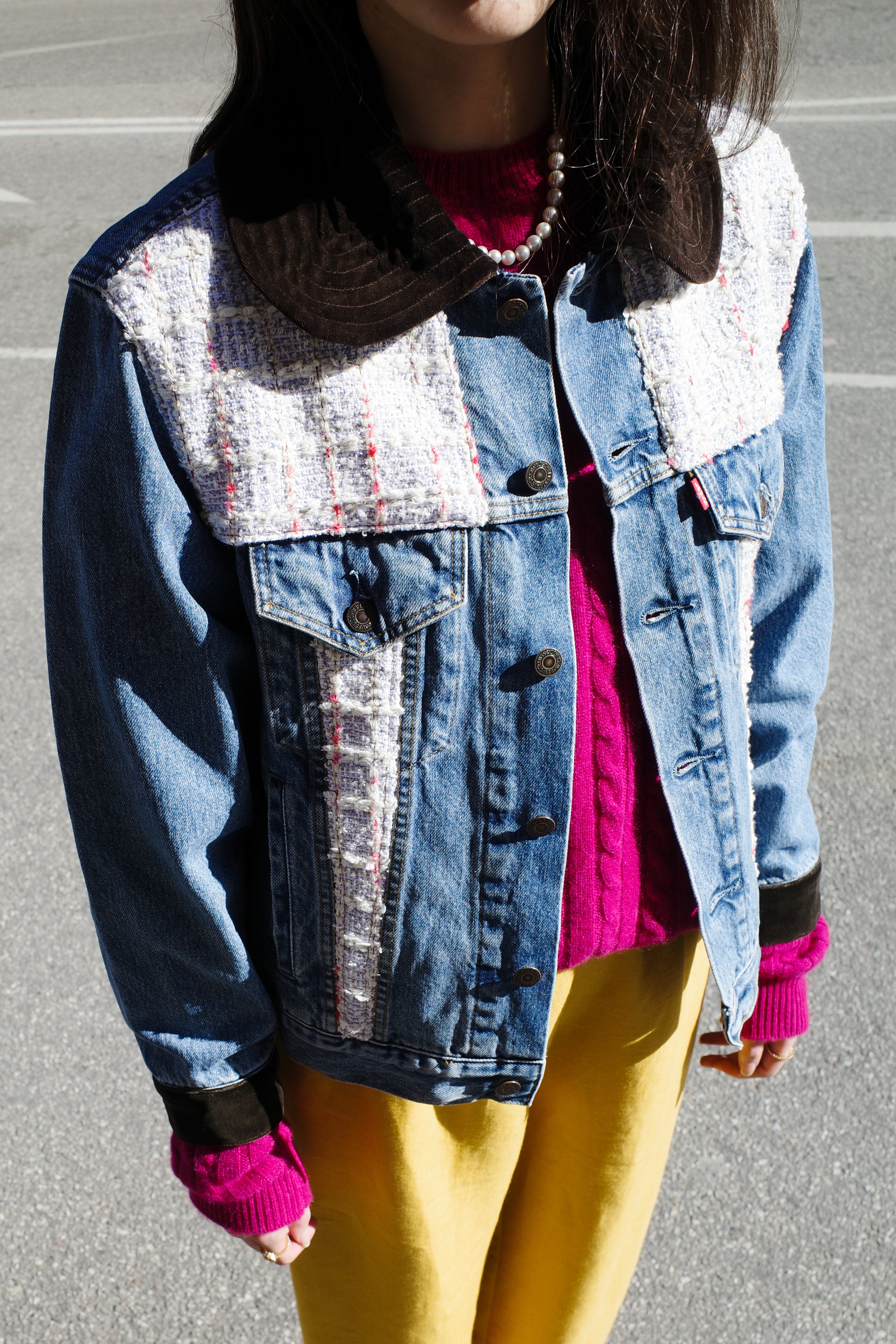 Upcycled Denim Jacket with deadstock Chanel fabric