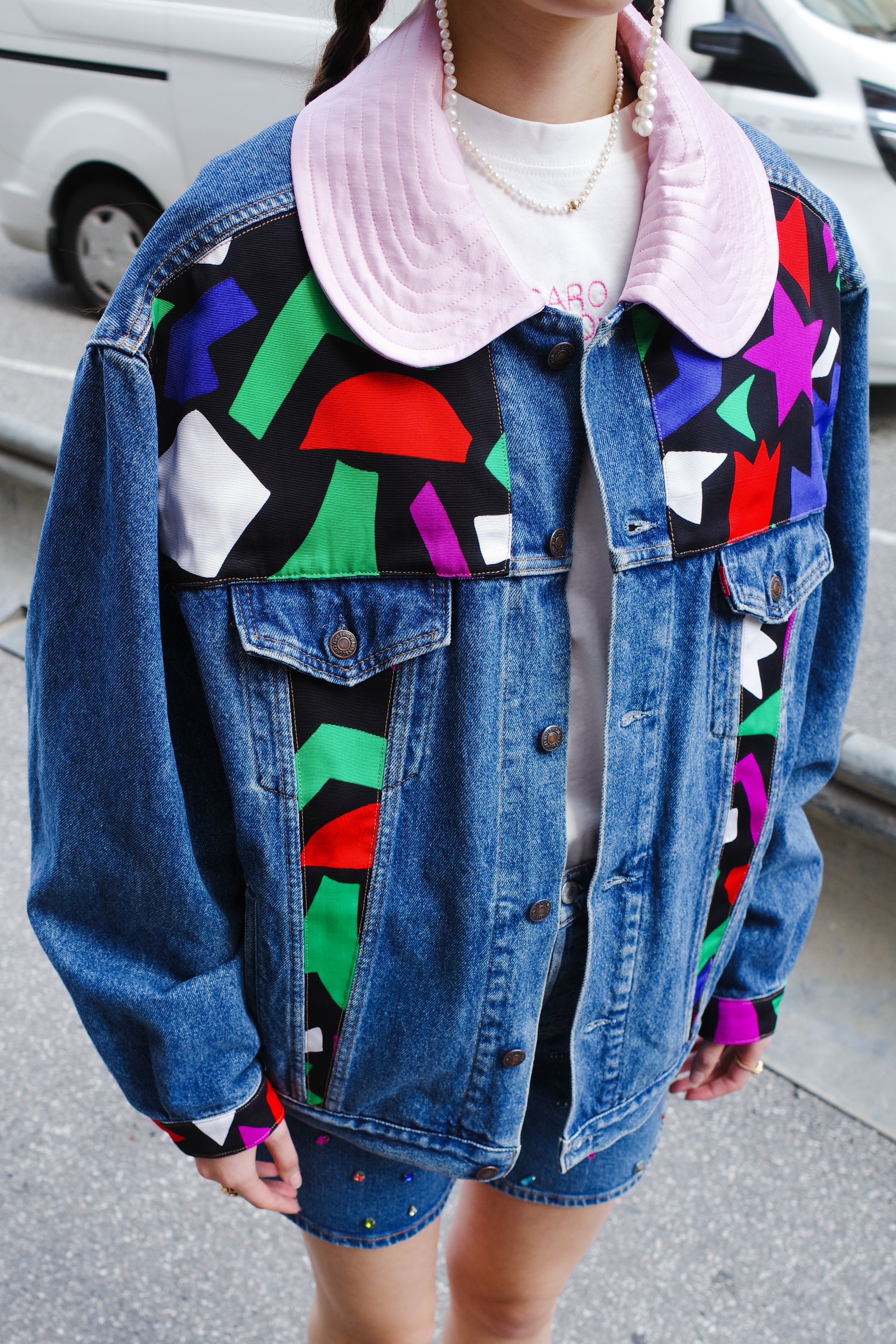 Upcycled Denim Jacket with deadstock Vintage Yves Saint Laurent fabric