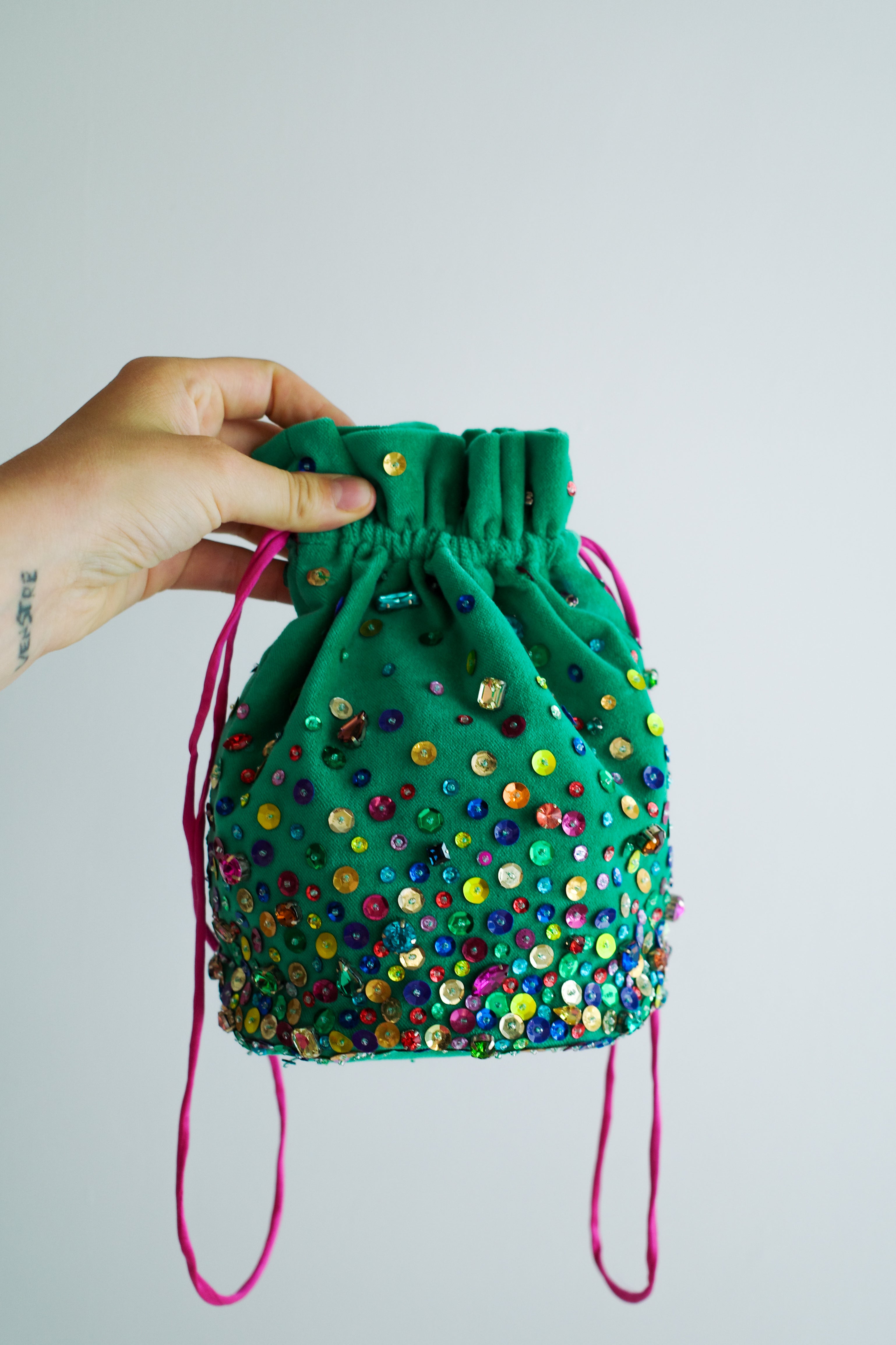 Small Velvet Bag - Green w. Rainbow
