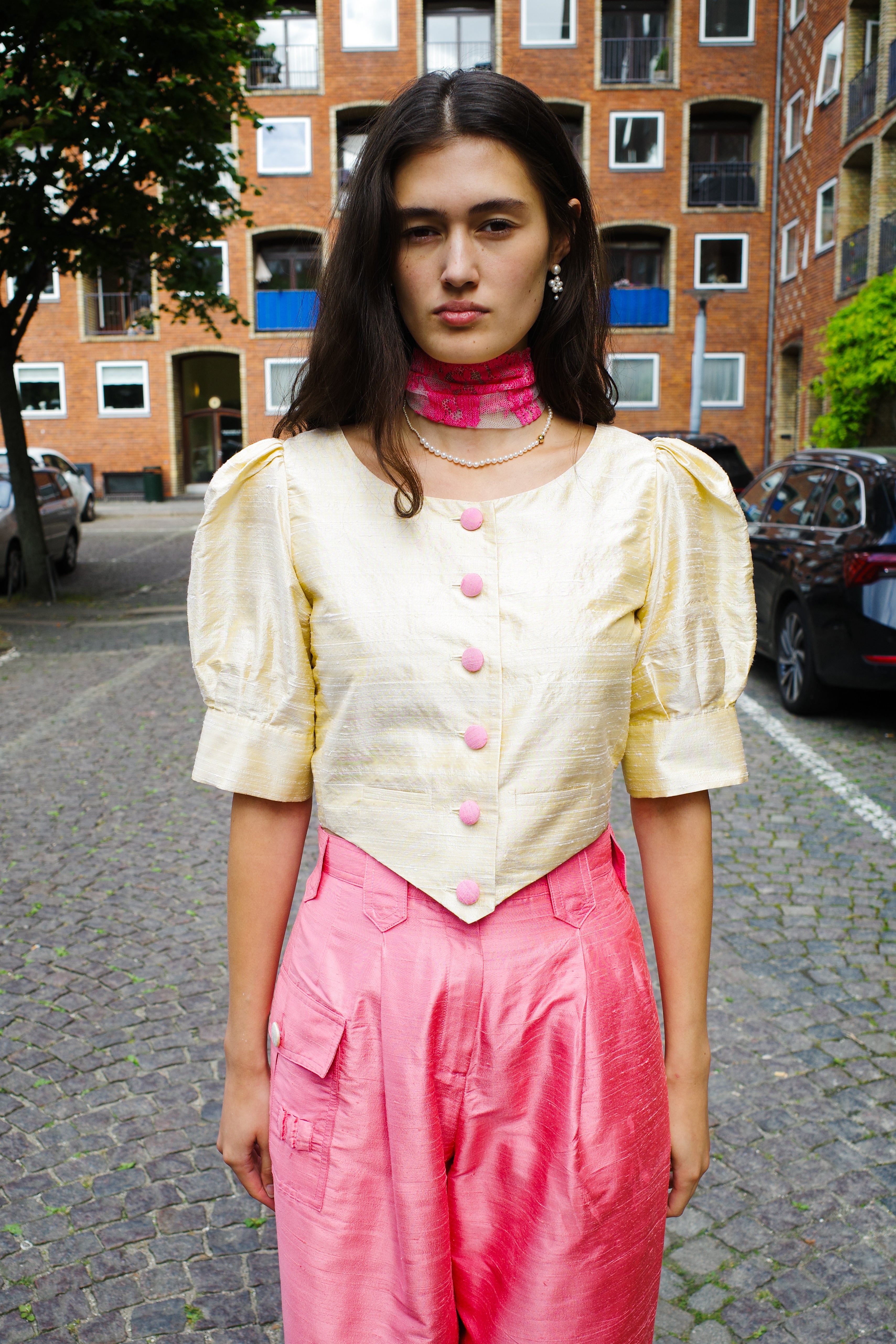 Laura Blouse 100% Silk Yellow w. Pale Pink Buttons