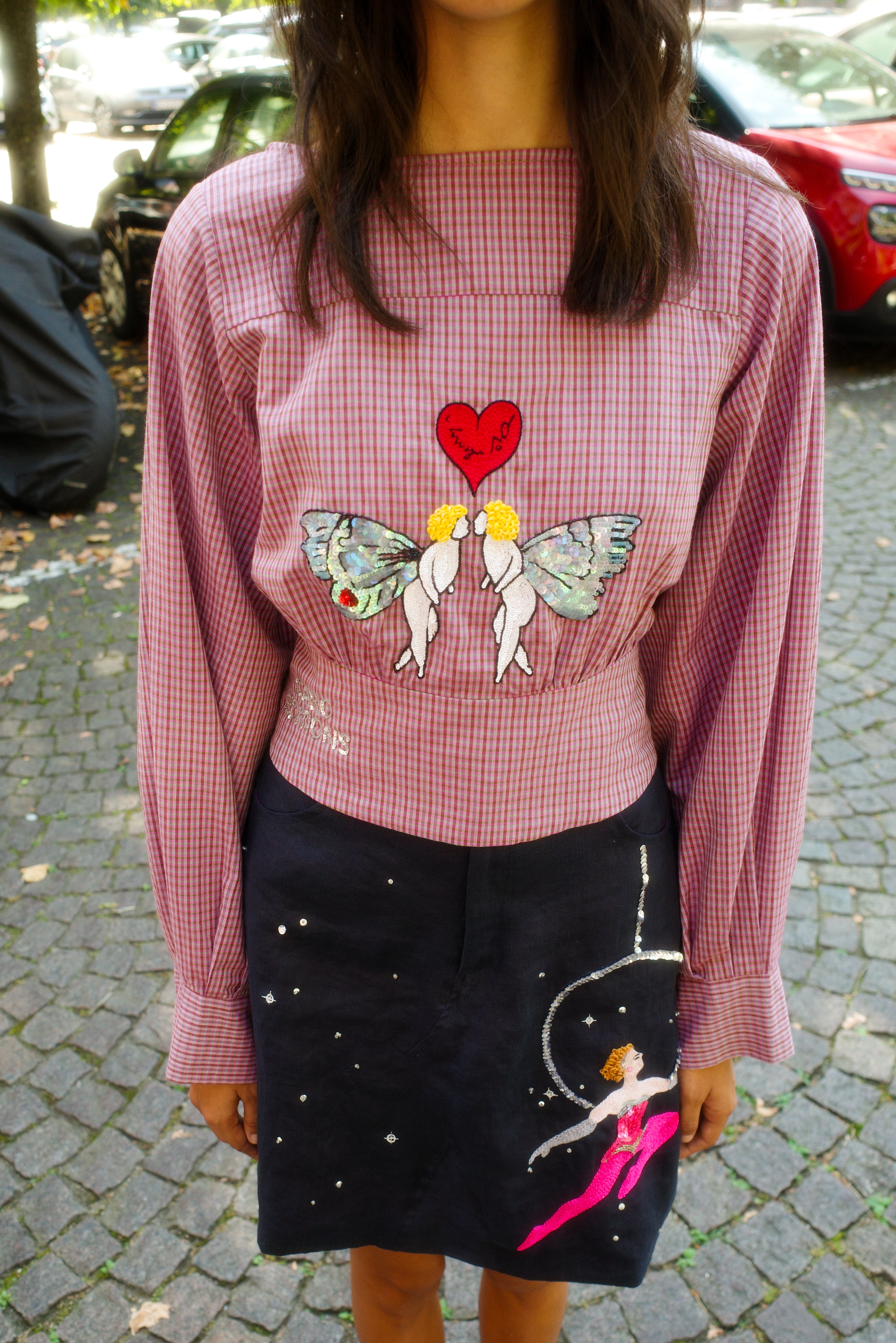 Olga Shirt - Pink Check with Angels
