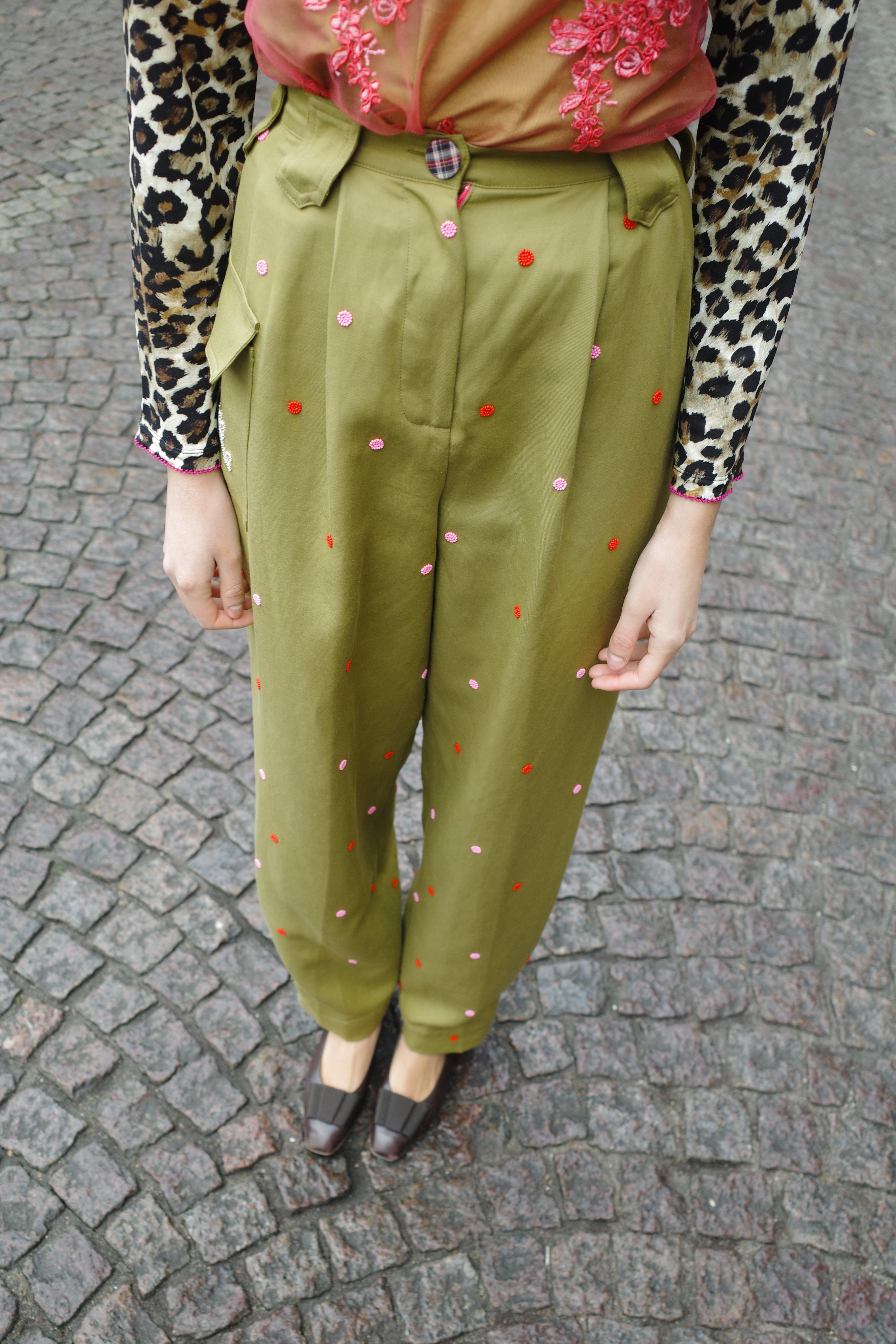 BEATRICE PANTS COTTON GREEN DOTS