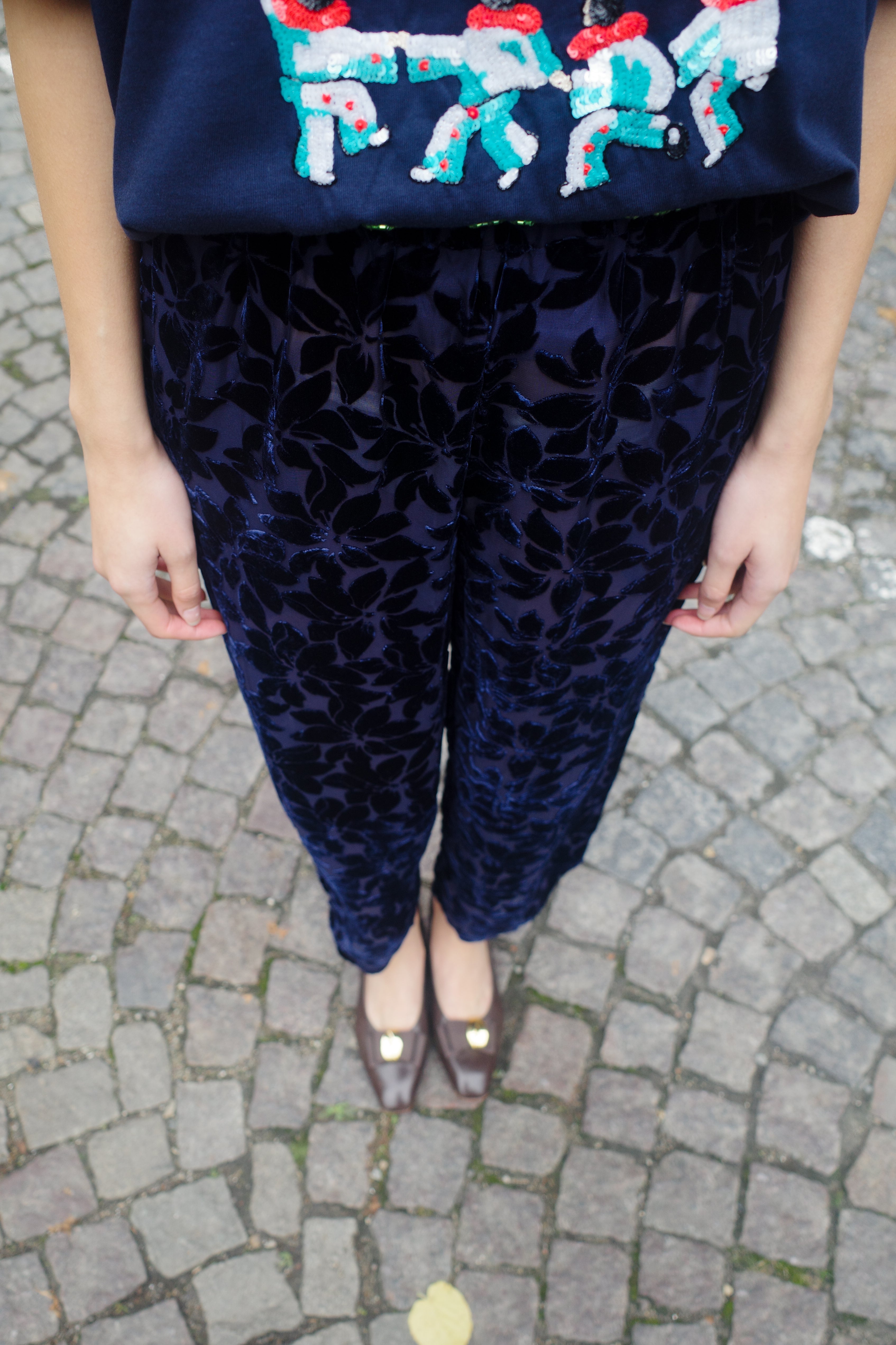 Coco Pants w. Bows Floral Velvet Midnight Blue