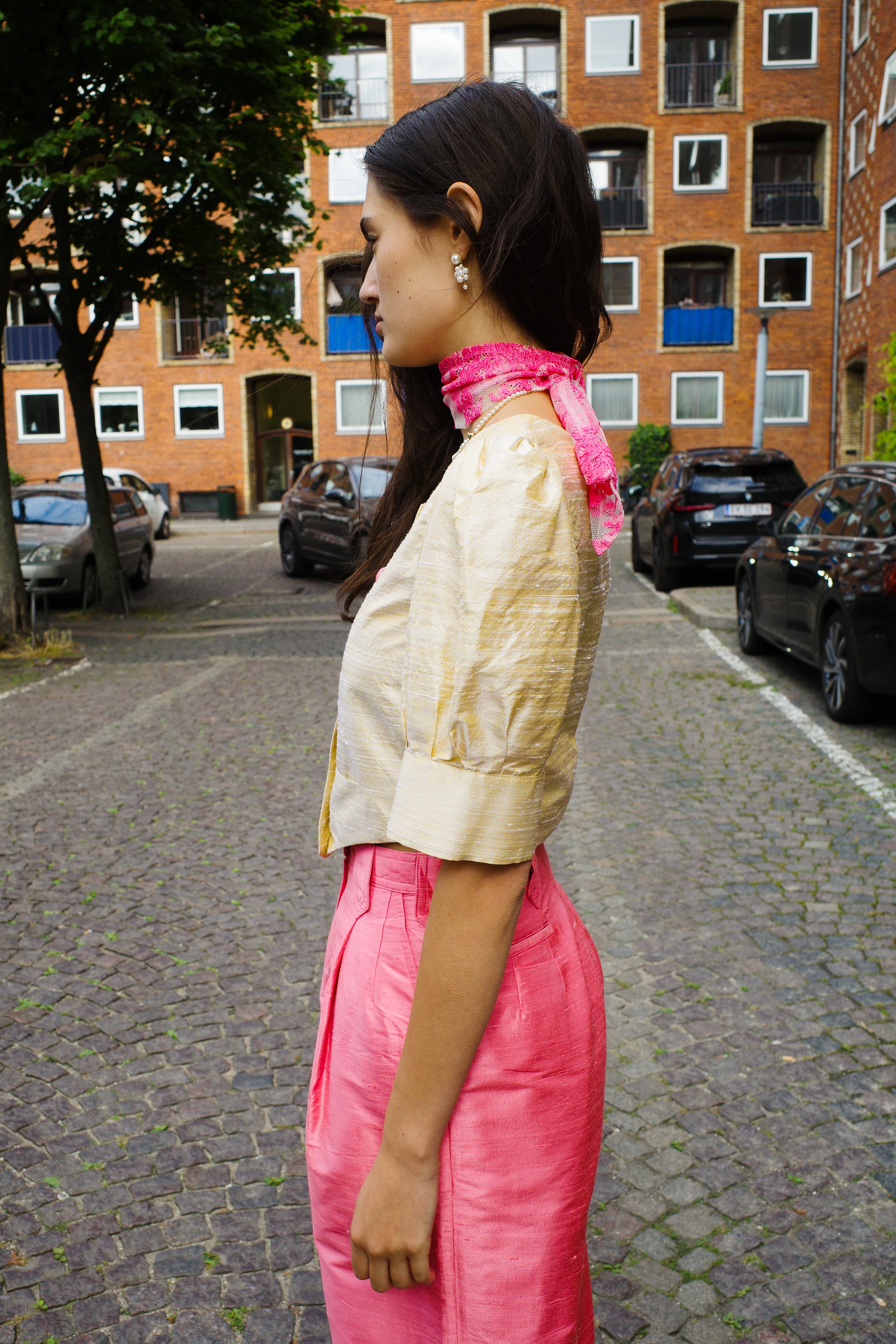 Laura Blouse 100% Silk Yellow w. Pale Pink Buttons