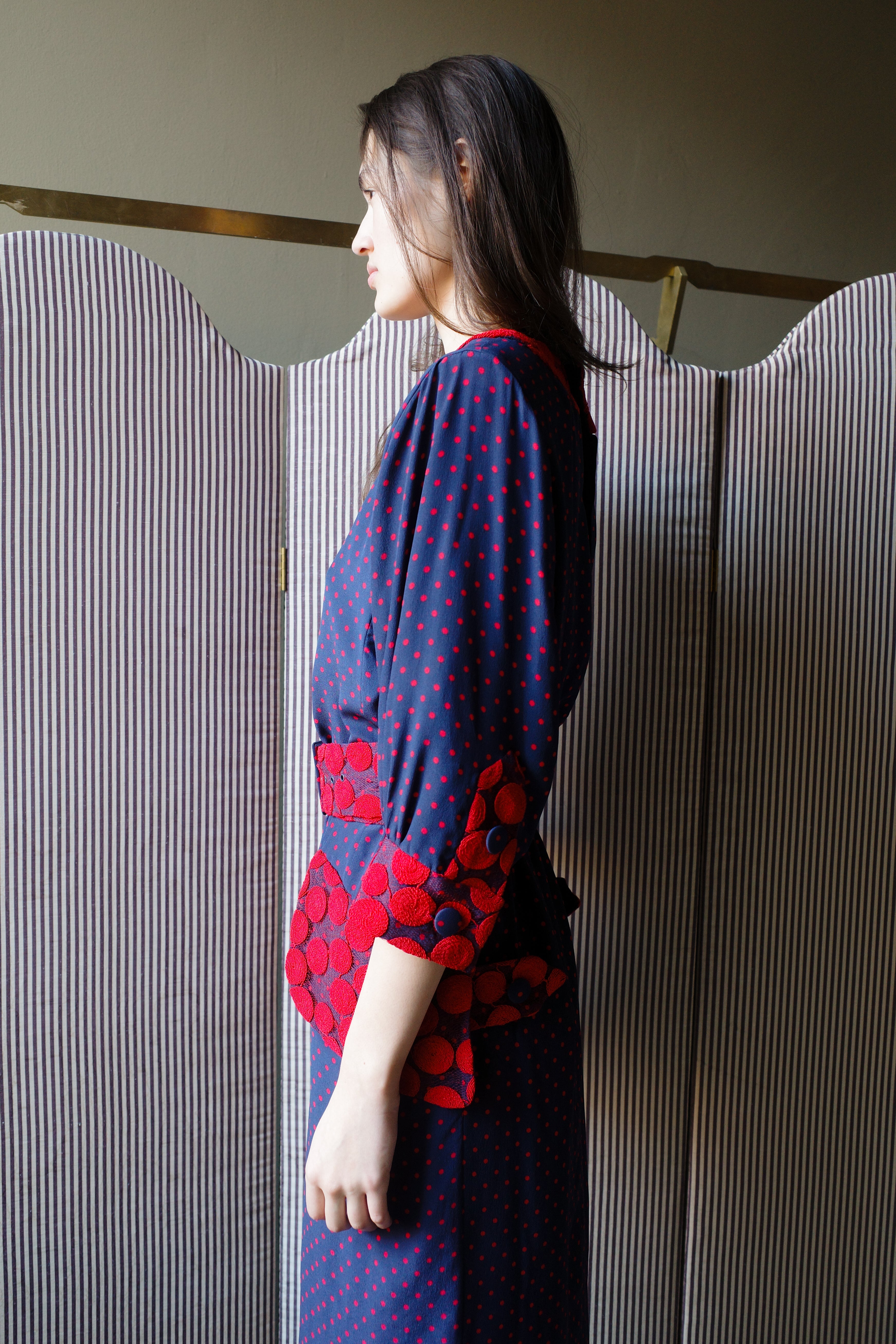 KAROLINA DRESS SILK / LACE NAVY RED DOTS