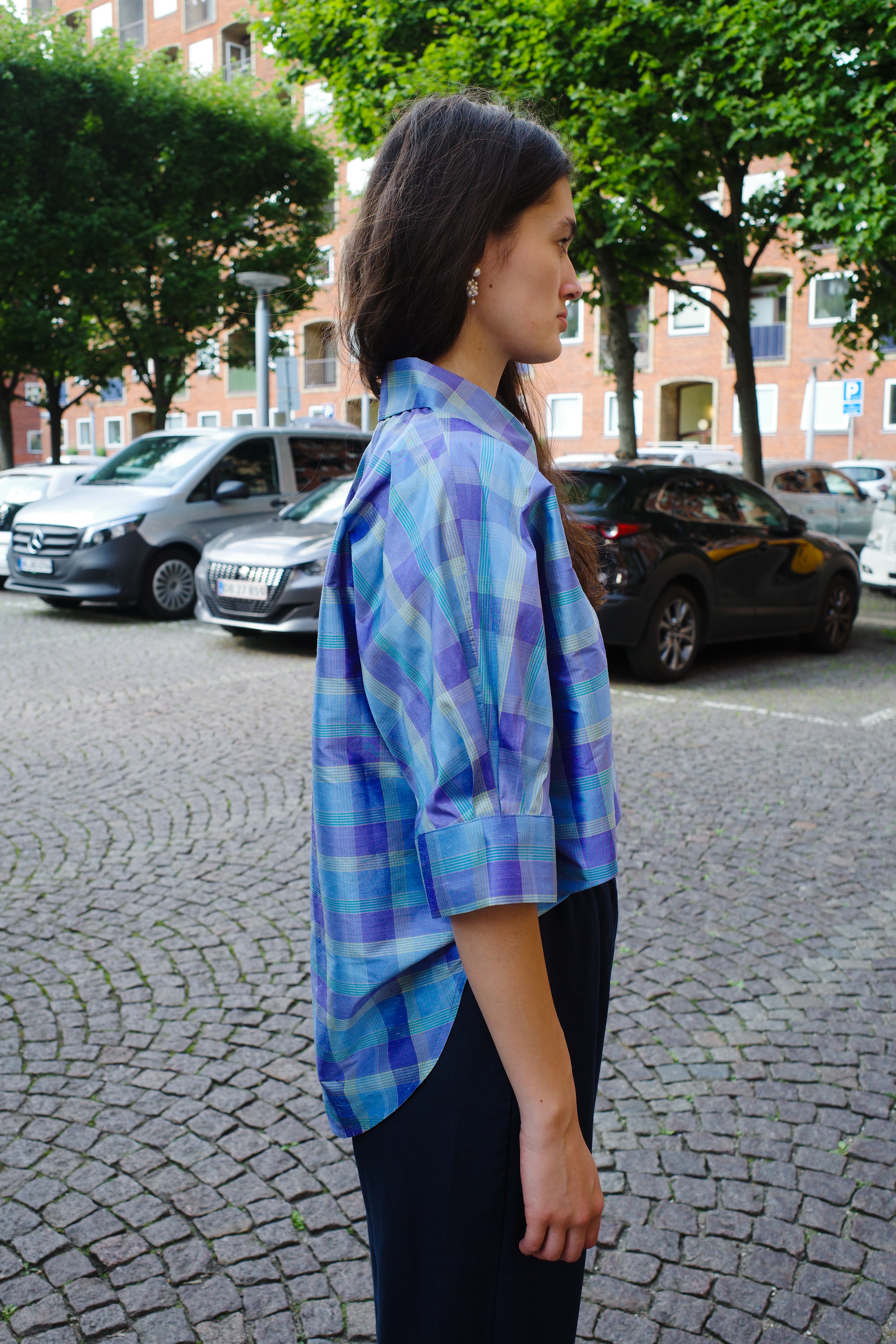 Lisbeth Blouse Blue checked silk