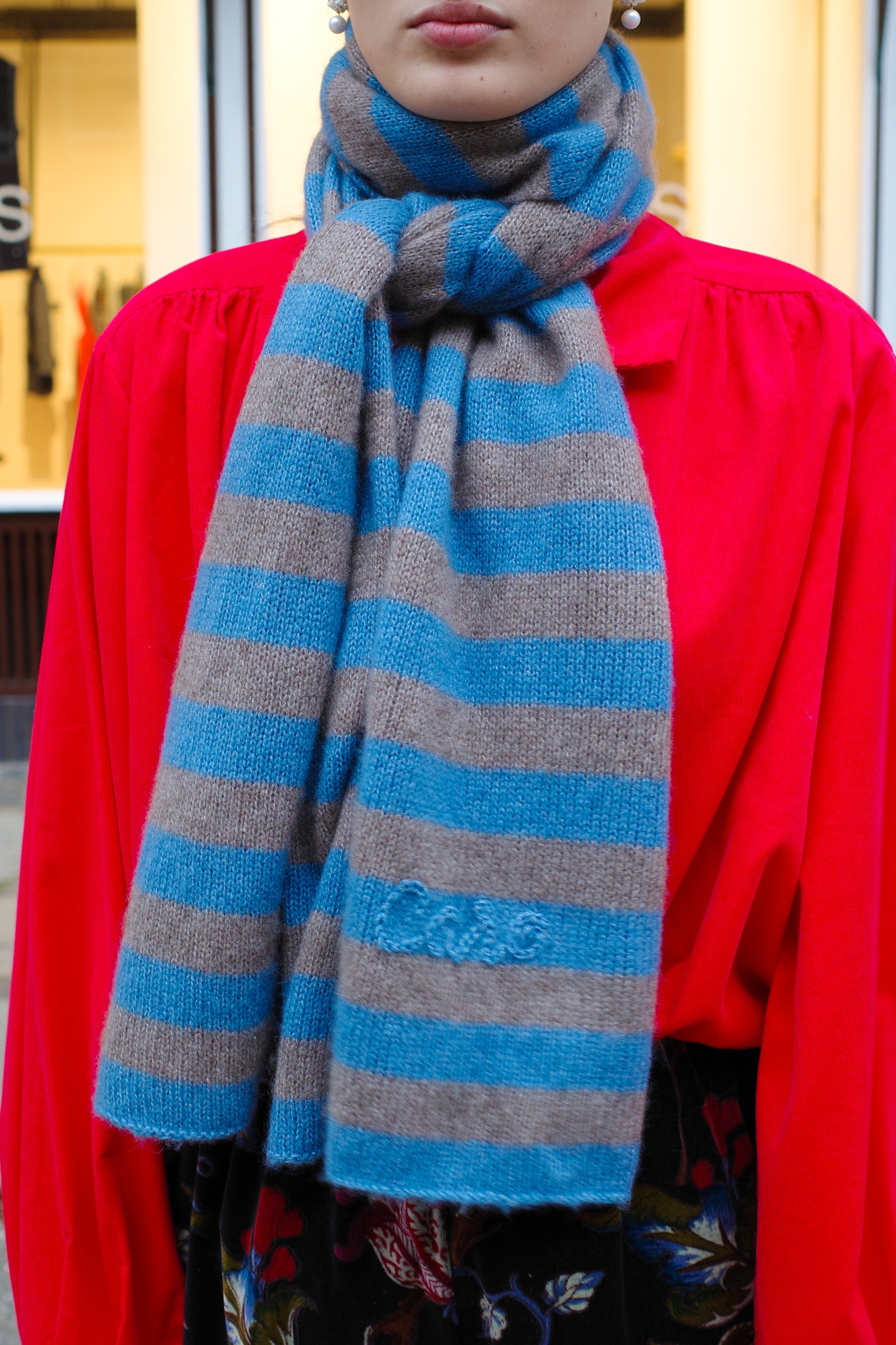 Liva Scarf - Dove Blue & Taupe Stripe