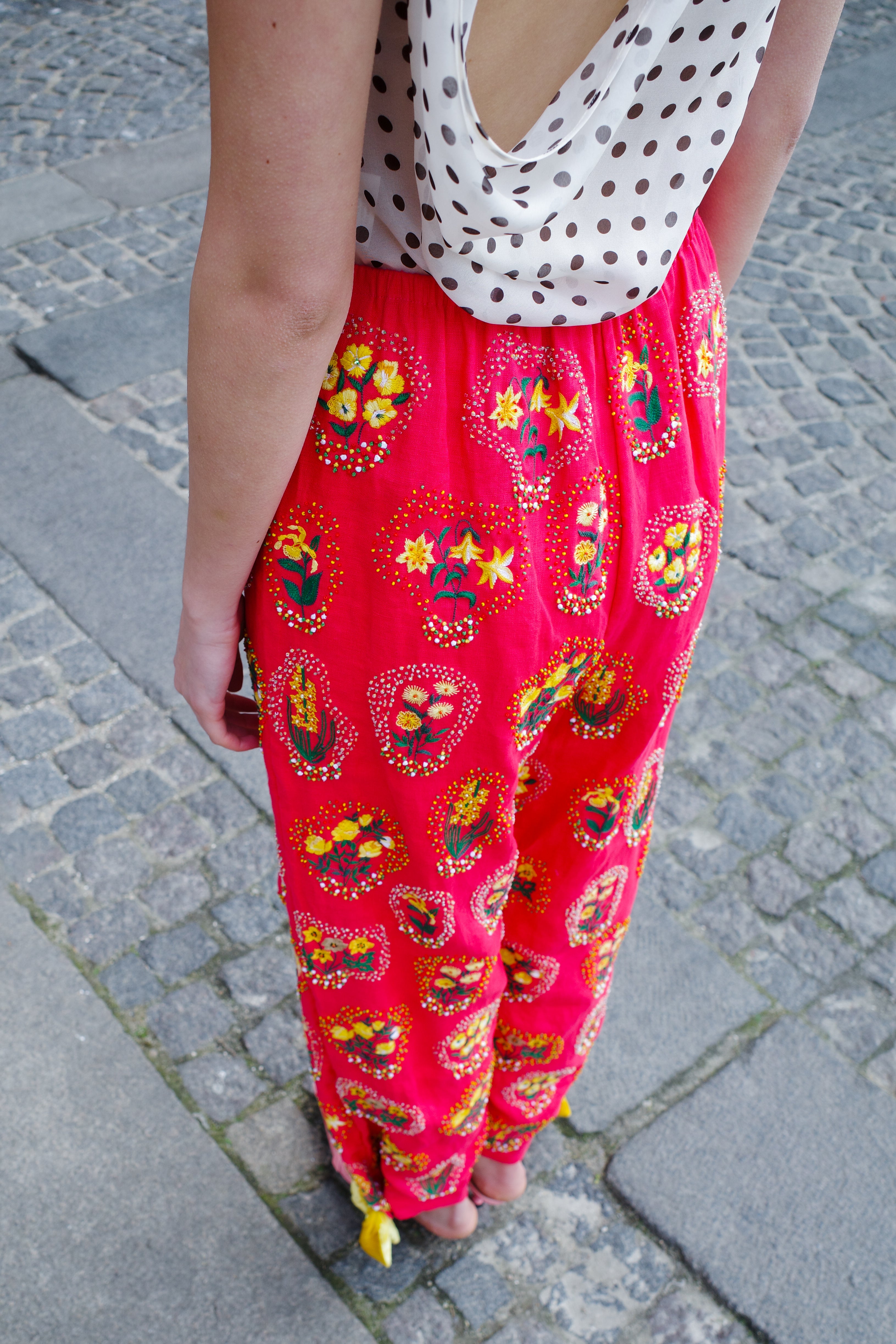 Coco Pants - Red Yellow Flowers and Velvet Bows