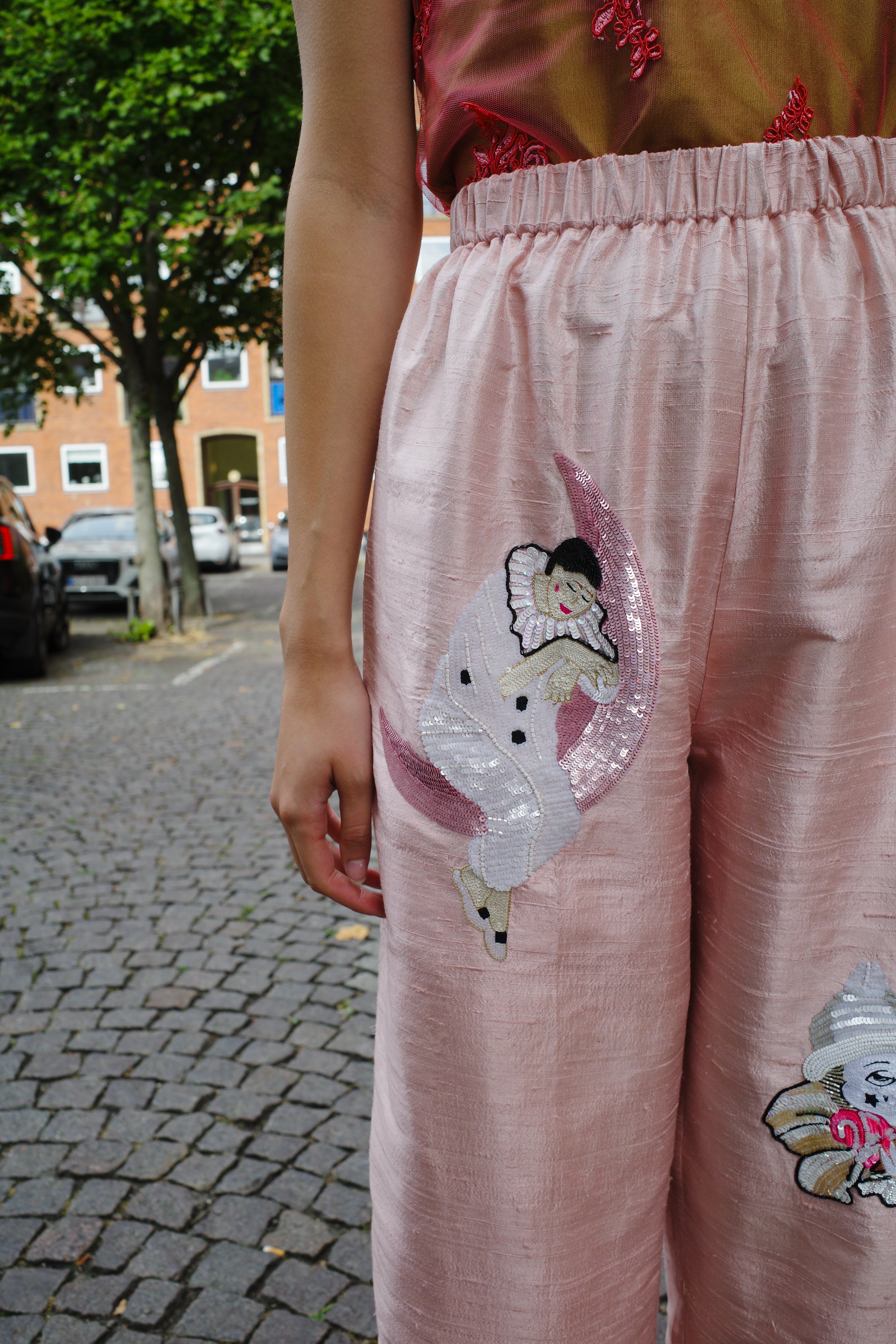 Coco Pants w. Embroidery Silk Taft pale pink  w. Embroidery