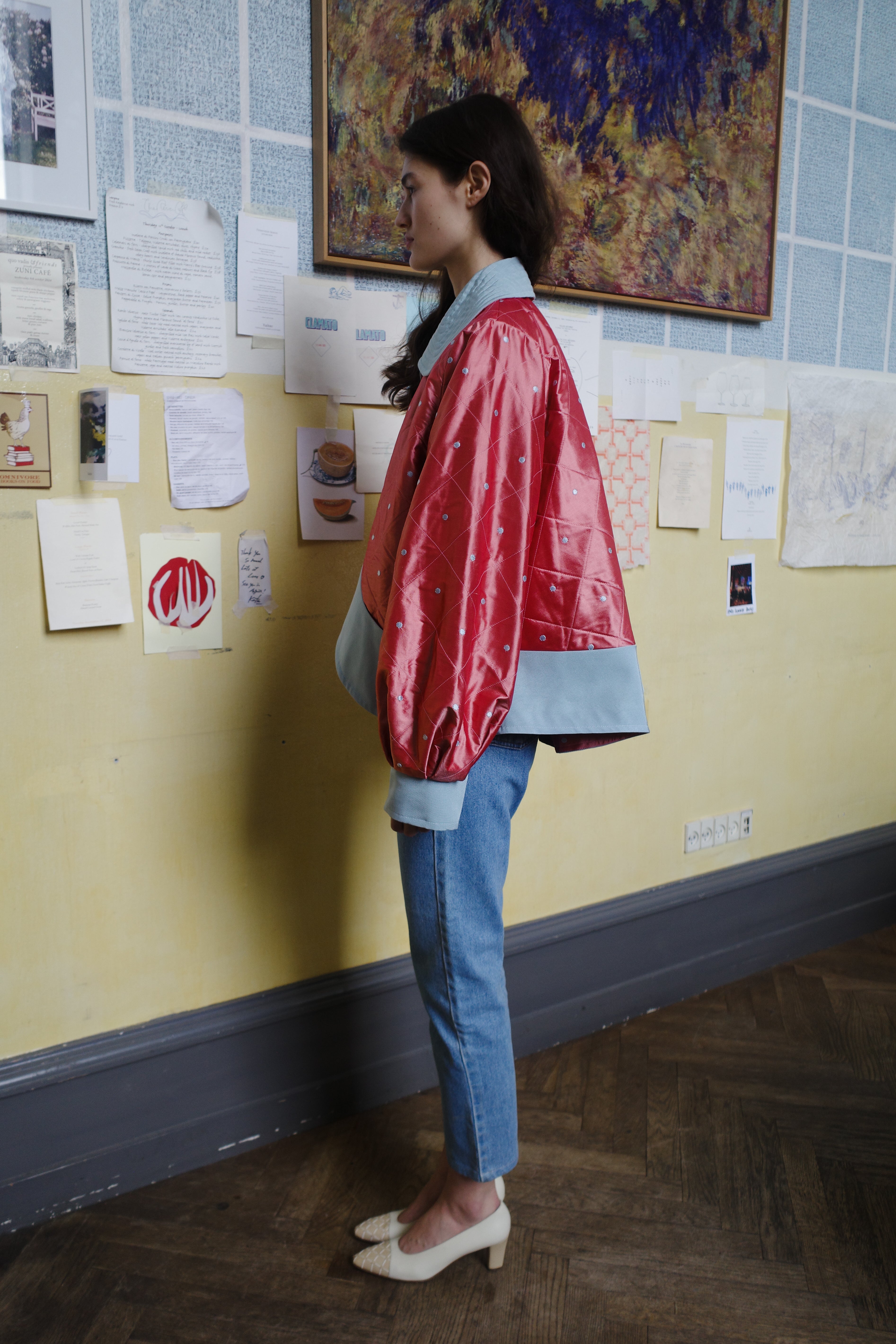 DAISY JACKET SILK PEACH BLUE DOTS