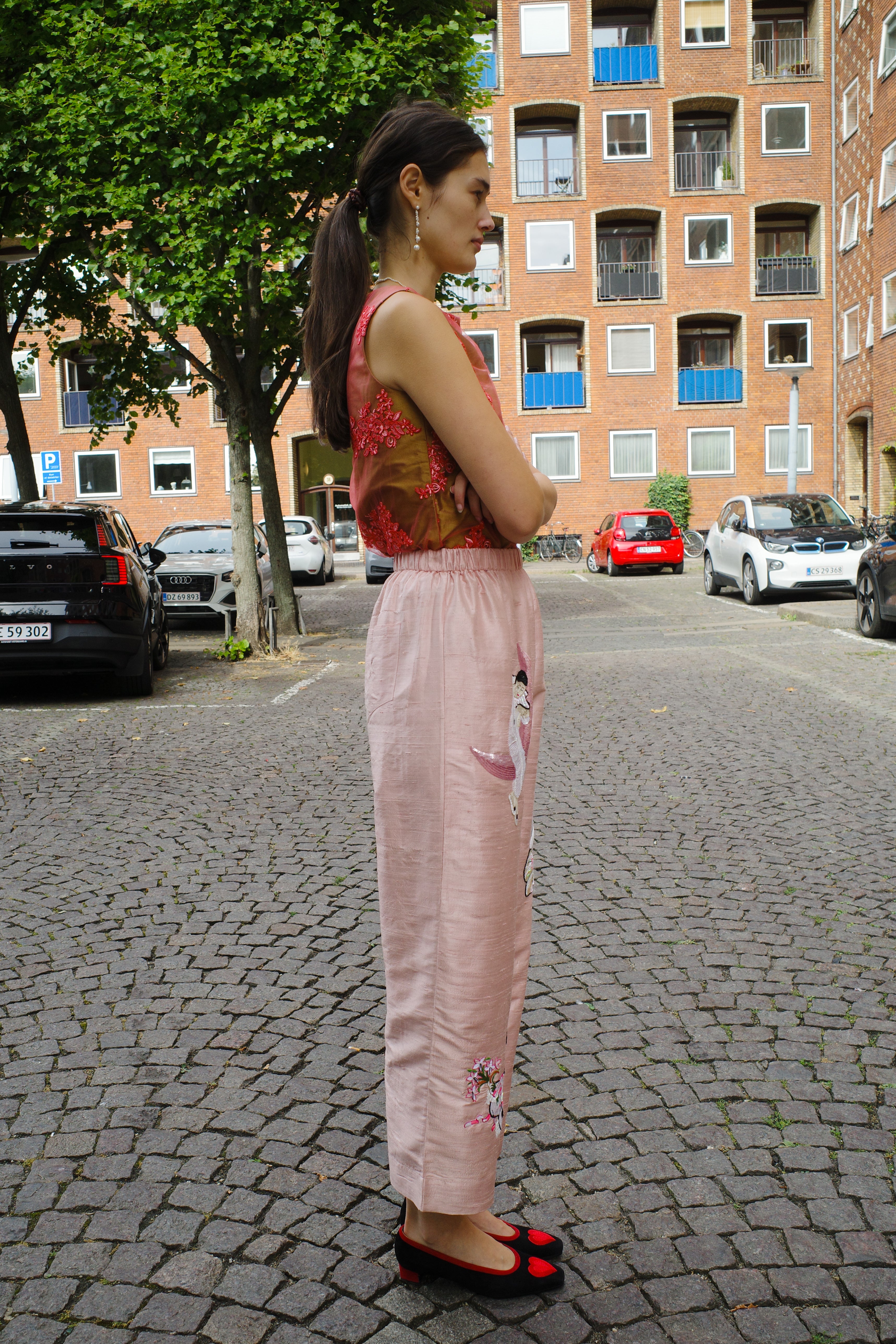 Coco Pants w. Embroidery Silk Taft pale pink  w. Embroidery