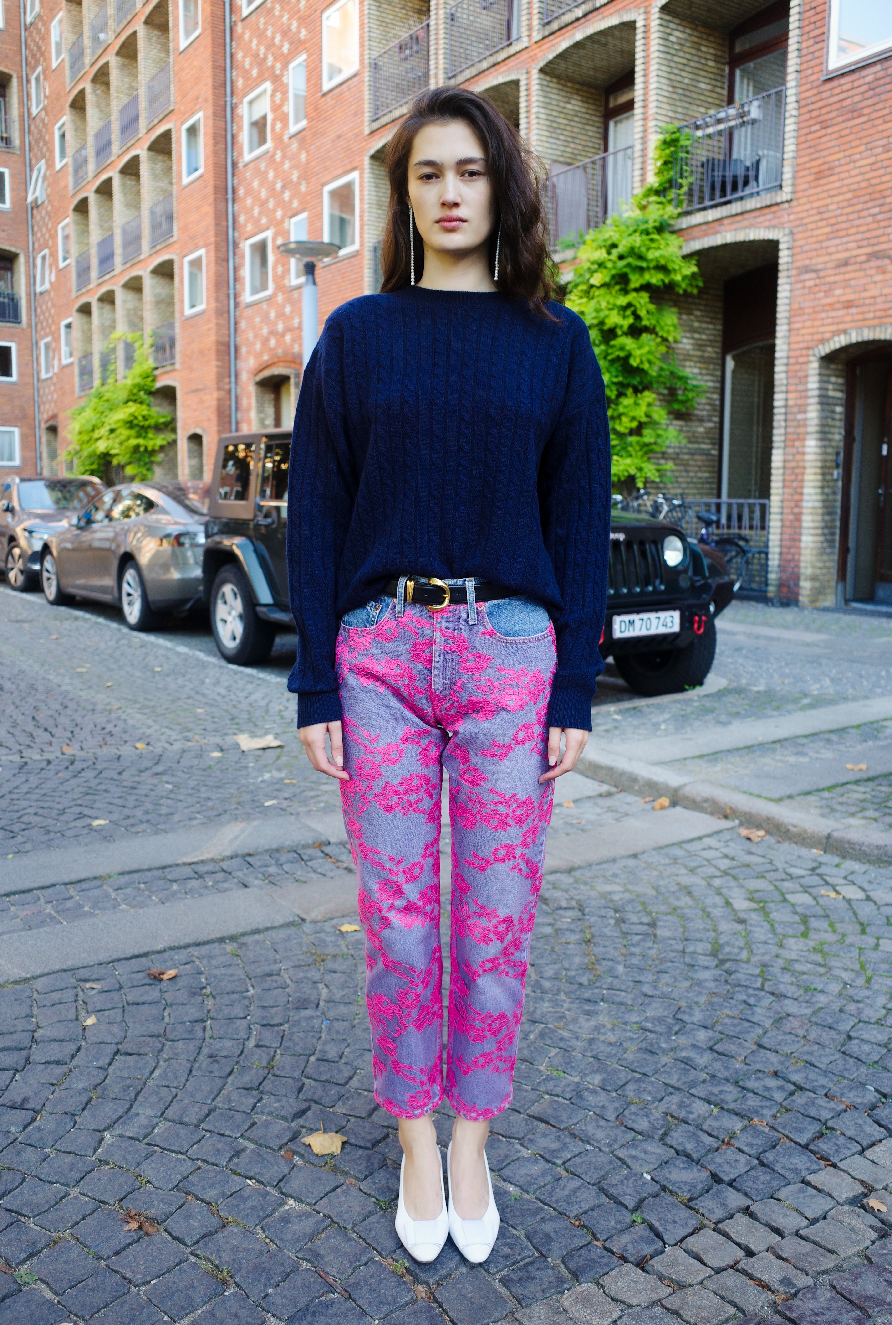 Upcycled denim jeans - Pink French lace