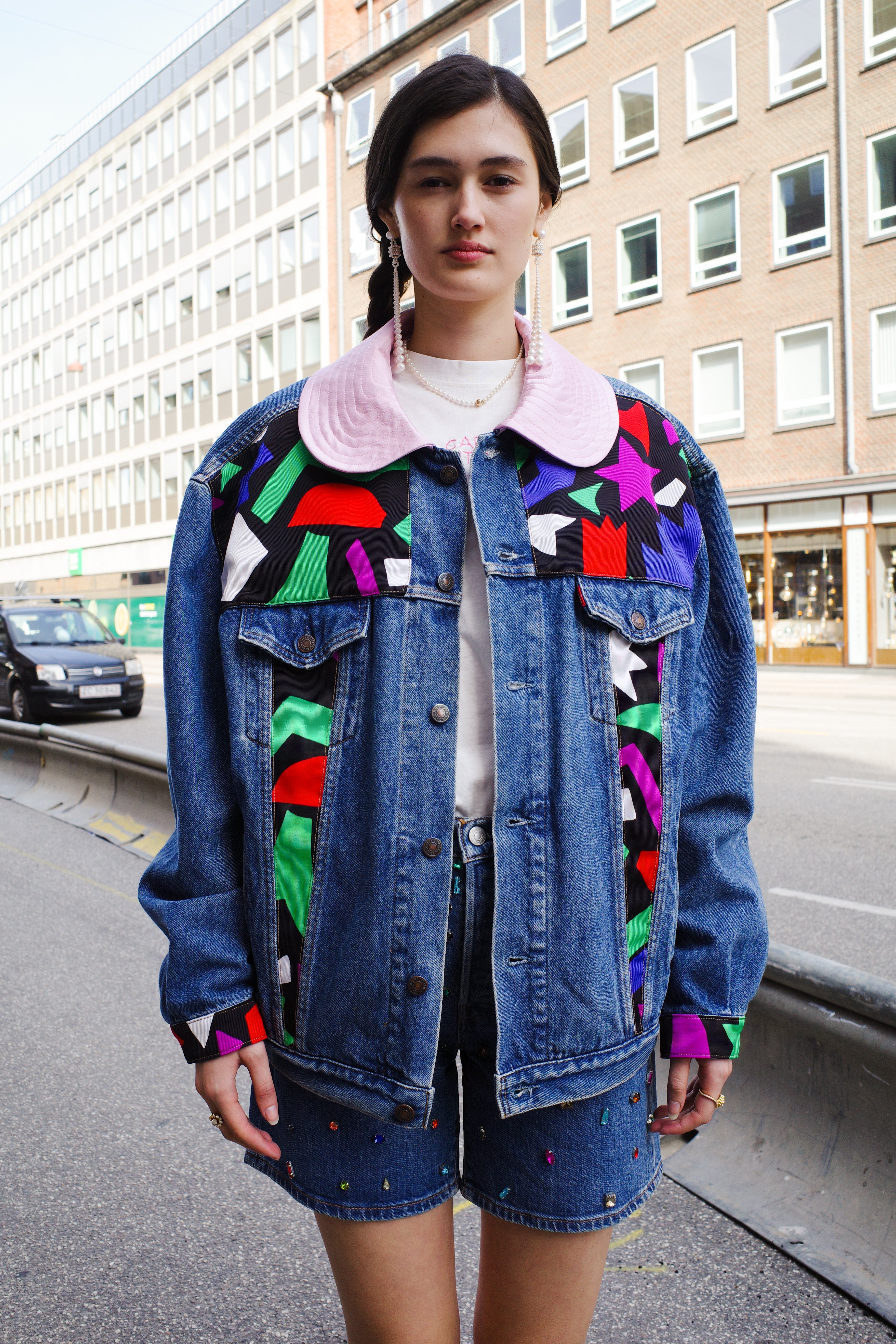 Upcycled Denim Jacket with deadstock Vintage Yves Saint Laurent fabric