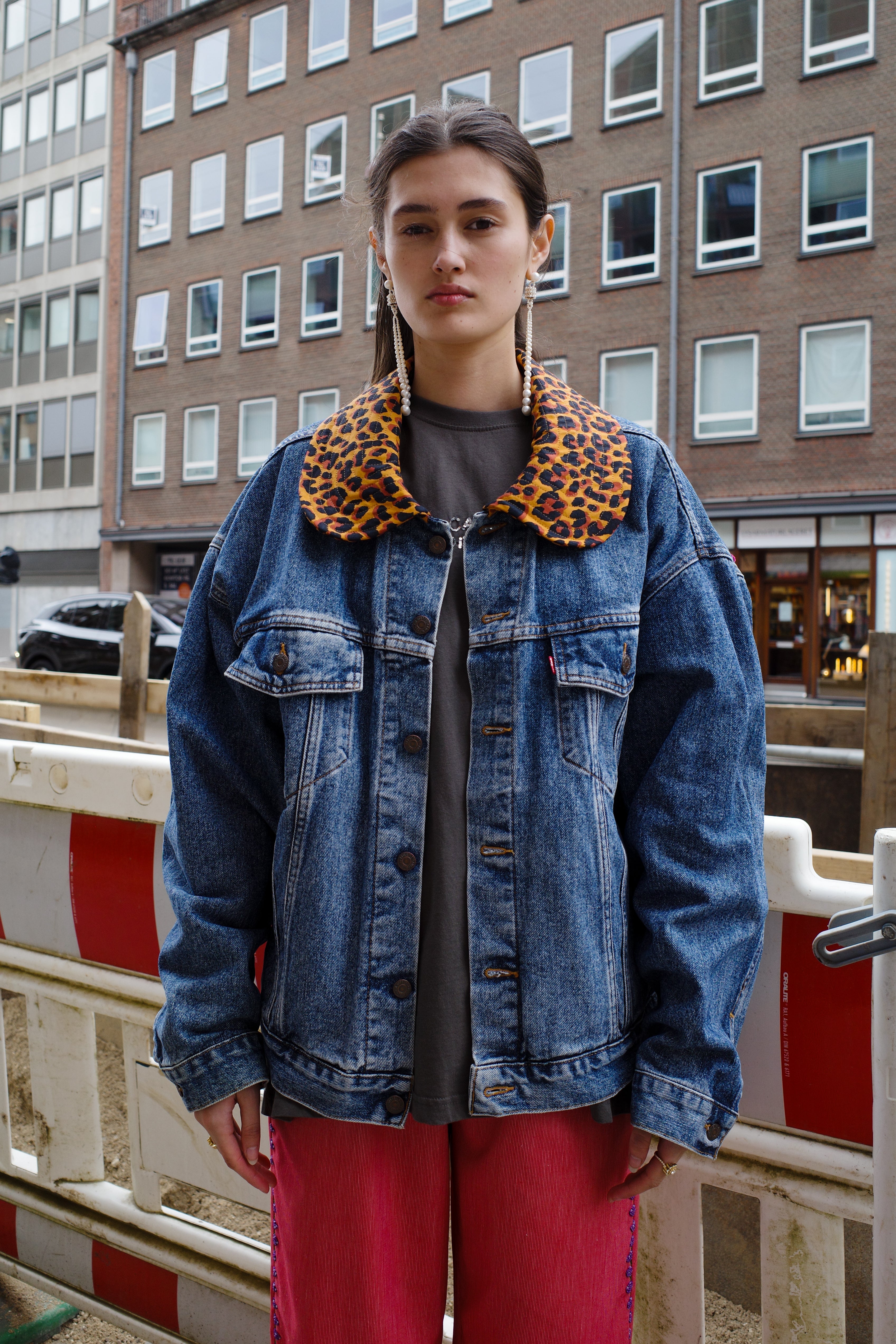 Upcycled Denim Jacket - leopard with Vintage Saint Laurent Collar