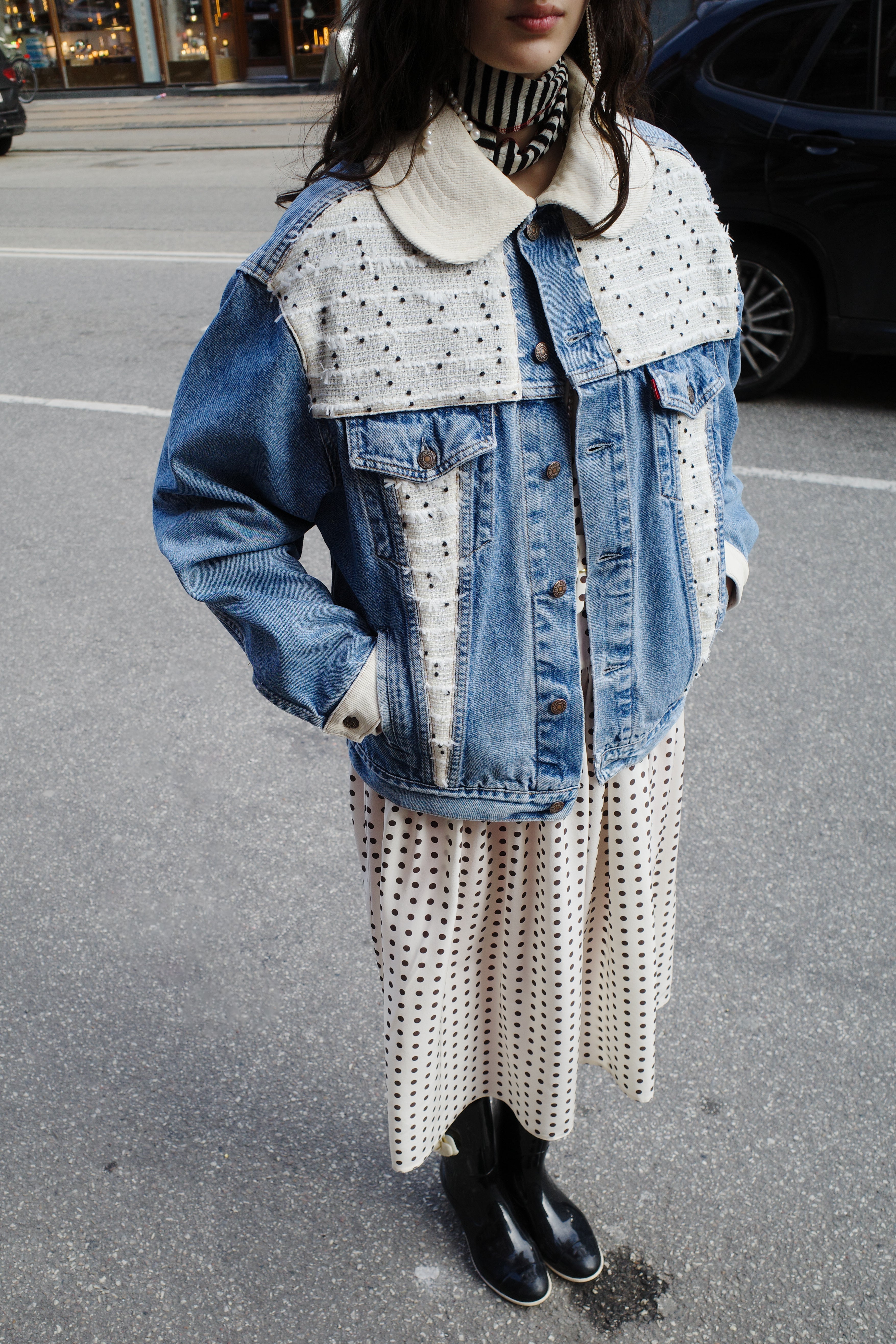 Upcycled Denim Jacket with deadstock Chanel fabric