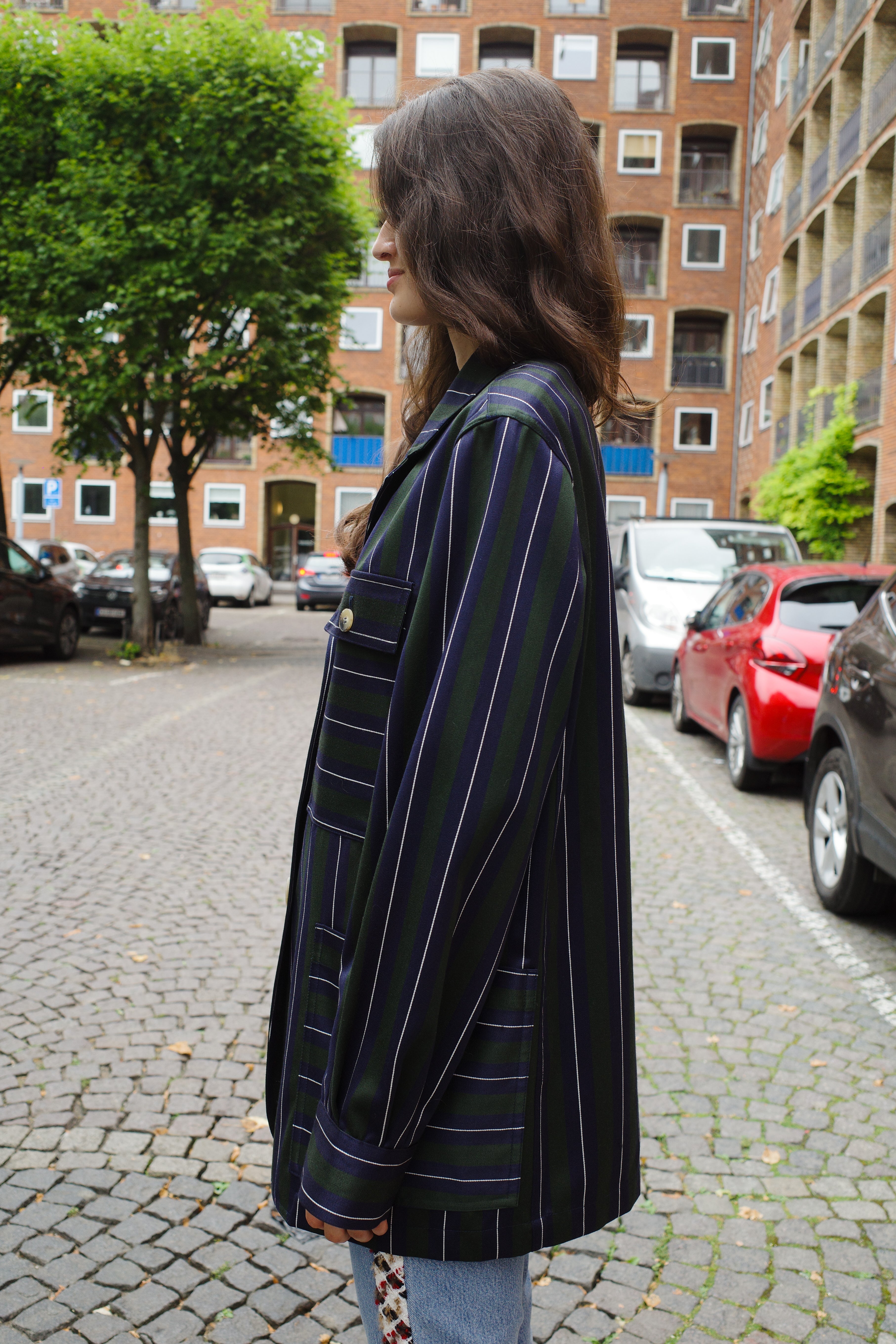 Frederik Jacket Moon Wool Mix Navy/Green/White Stripe