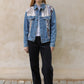 Upcycled vintage denim jacket redesigned with patchwork in exclusive Josef Frank vintage fabric with a green floral print. One-of-a-kind.  Size: S/M