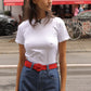 Caro Editions' new signature line in jersey cotton.  The Caro T-shirt is a fitted style with short sleeves, a ribbon bow detail at the front, and embroidered Caro Editions logo on the back.   Also available in Red White stripe, and Black White stripe.  Style the Caro T-shirt under shirts or dresses, or wear them on their own.  Material: 95% cotton, 5% elastane. Bow: 100% Polyester.  The model is 175cm (5'9") and is wearing a size S.