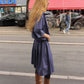 The Amanda Dress in Navy Crisp Cotton Poplin with an elastic waistband.   Material: 100% cotton.  The model is 179cm (5'10") and is wearing a size S.