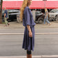 The Amanda Dress in Navy Crisp Cotton Poplin with an elastic waistband.   Material: 100% cotton.  The model is 179cm (5'10") and is wearing a size S.