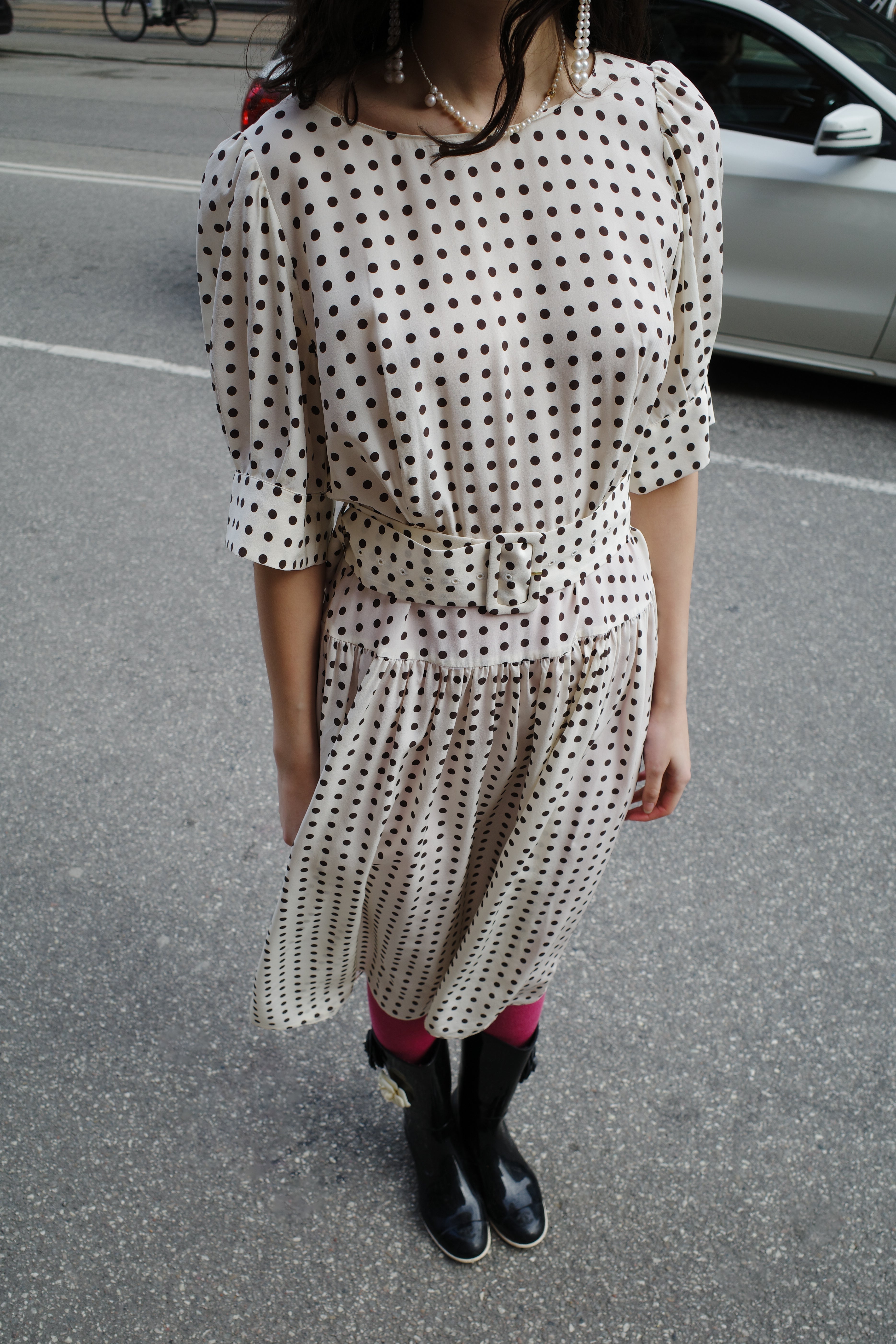 Bjorg Dress - Crepe de Chine - Cream w. Brown dot