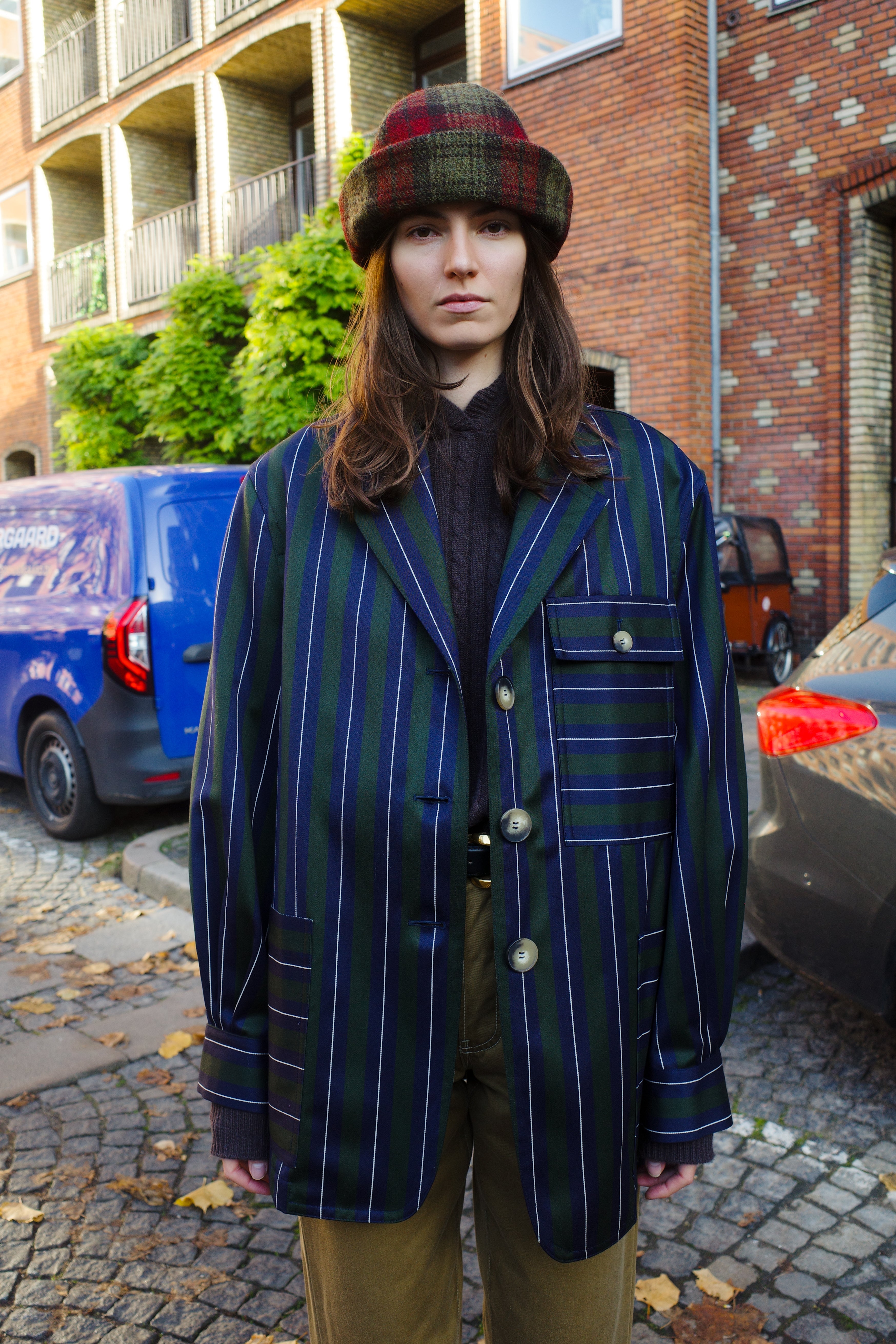 Frederik Jacket Moon Wool Mix Navy/Green/White Stripe