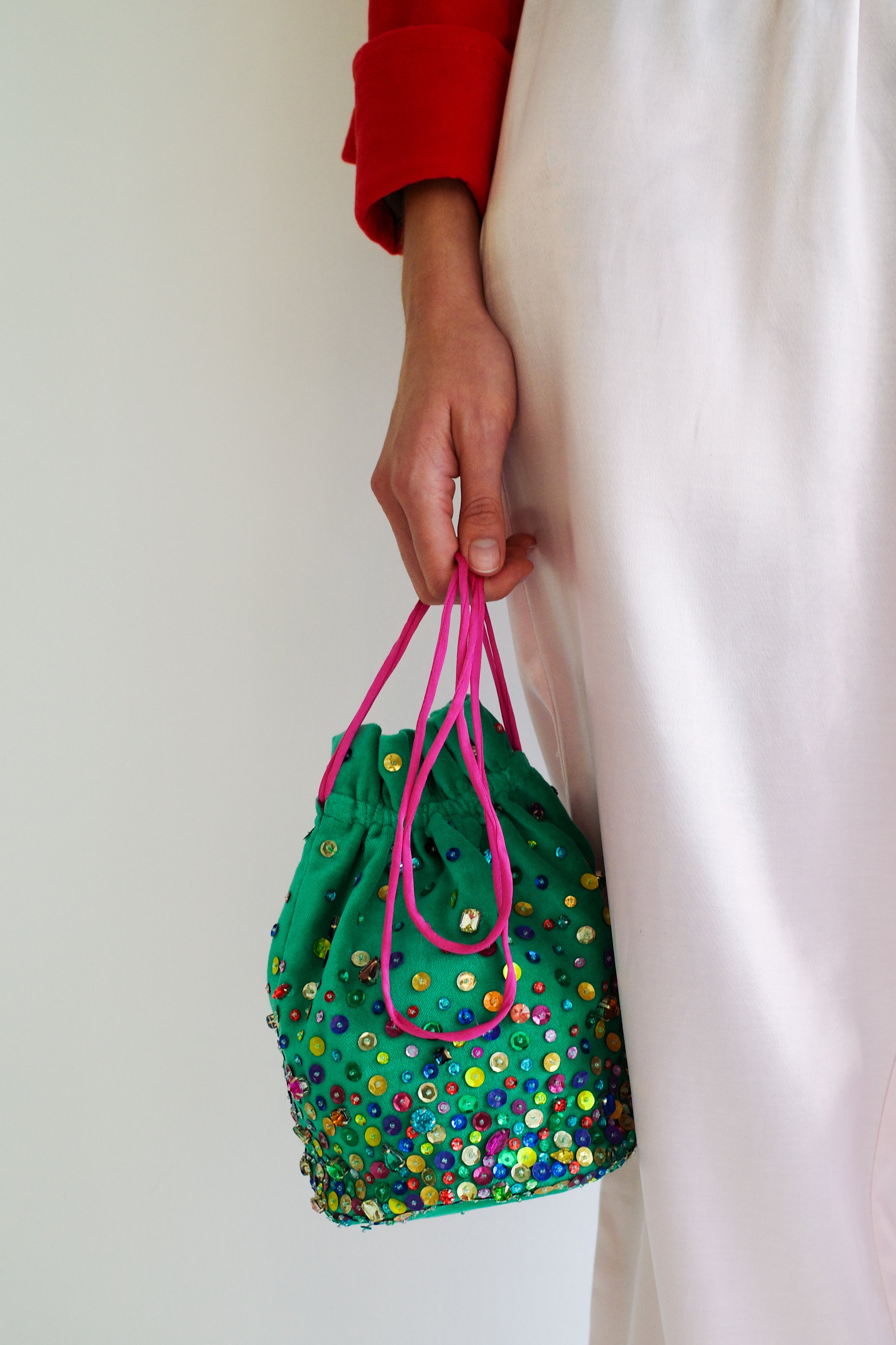 Small Velvet Bag - Green w. Rainbow