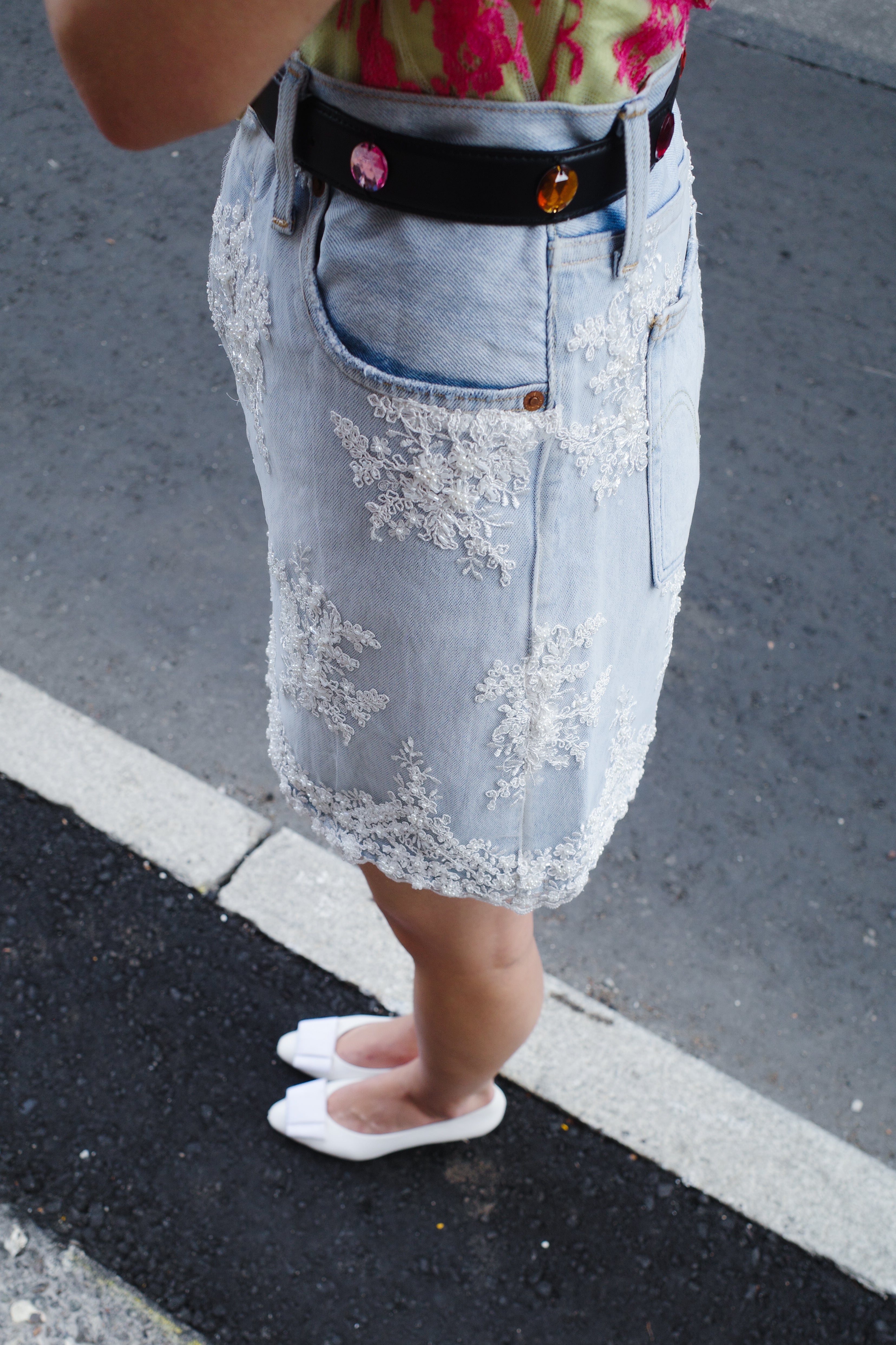 Upcycled Levi’s Denim Skirt with Bridal Lace.