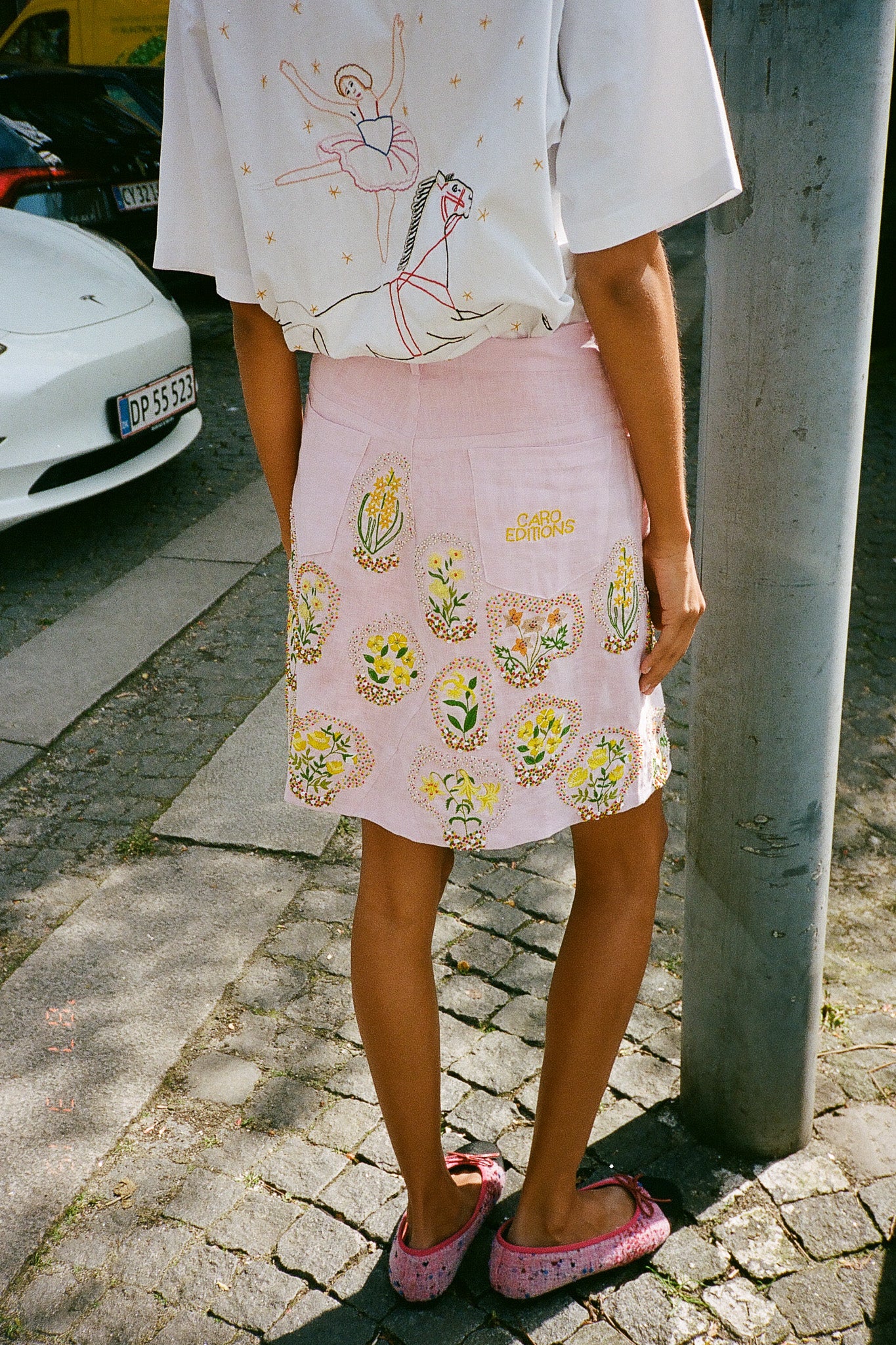 Nunu Skirt - Hand Embroidered Flowers Pale Pink